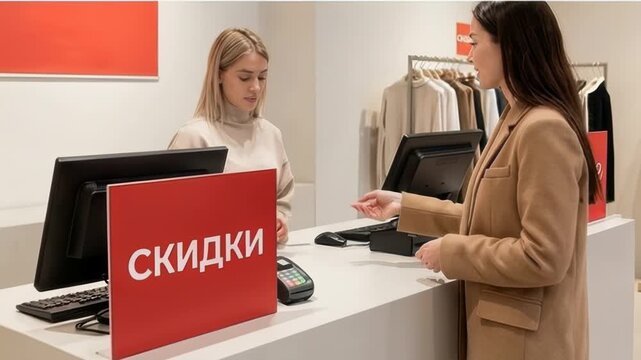 Static shot of woman handing payment card to cashier at clothing store checkout counter