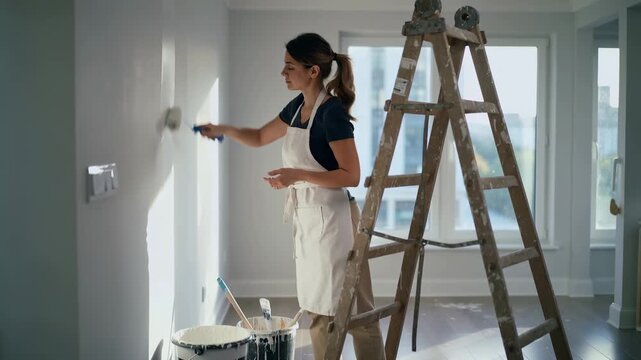 Panning shot of woman painting interior wall with roller beside ladder in sunlit apartment room