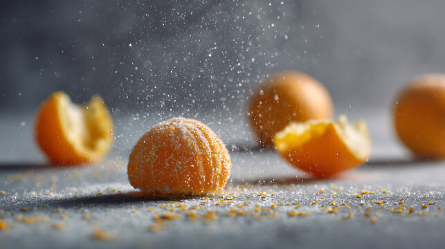 A ball of orange candy being dusted with powdered sugar