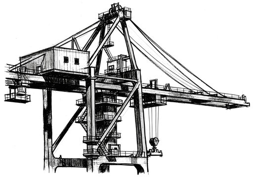 Detailed sketch of a large industrial gantry crane in a port or shipyard setting