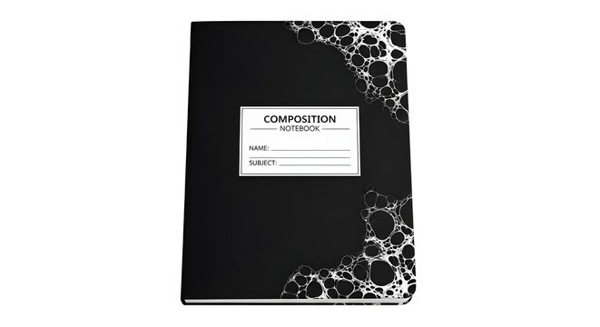 Black composition notebook with white label and marble design on cover isolated on white background
