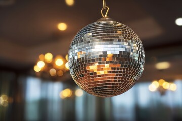 Obraz premium Close up of shimmering silver disco ball hanging indoors with soft warm bokeh lights in the background
