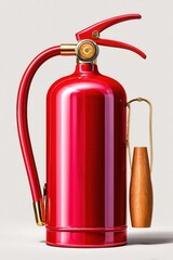 Obraz premium Red fire extinguisher on white background with glossy finish and wooden handle detail