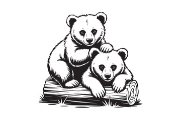 Cute Bear Cubs on Log Wildlife illustration Vector © somaiya