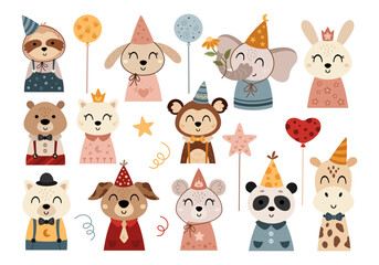 Fototapeta premium Cute Birthday Animals Clipart Set. Cartoon Festive Characters Images. Kids Hand Drawn Vector Illustrations.
