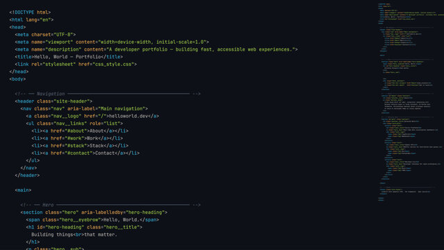 Modern Programmer Coding Screen with Hello World Program with Modern Programming Language Syntax Highlighting in Digital Code Editor Environment. Vector Illustration.