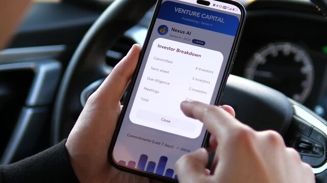 Entrepreneur Tracking Startup Series A Fundraising in Modern Car. POV of investor using venture capital app to monitor Series A funding. UI displays 5.2 dollars raised, valuation metrics, and investor