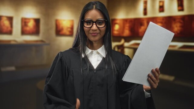 Woman judge in black robe and glasses holds a large white document with her right hand while touching her face in a building gallery space; authority confidence.