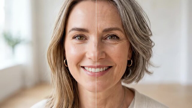 Close up female face split between young and old showing natural aging