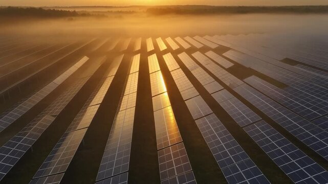 Sunrise illuminates rows of solar panels in a field, casting long shadows and creating a warm, glowing atmosphere