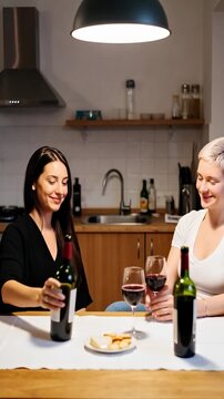 Two girlfriends of different ethnic backgrounds chat and enjoy wine together at a kitchen party table. They share laughs and toast while having fun