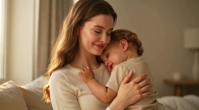 Woman embracing child in soft sunlight