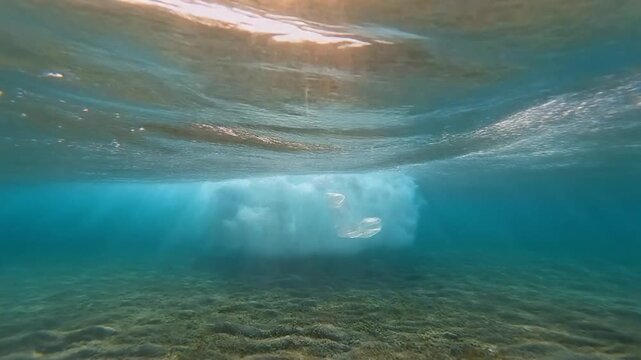 Wide-angle underwater view showcasing a colossal ice formation on the seabed, bathed in ethereal sunbeams filtering through the pristine, crystal-clear blue ocean surface, a serene aquatic marvel