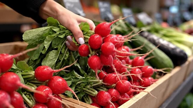 An adult woman of Asian descent selects fresh radishes in a vegetable shop. She carefully inspects the quality of the radishes before making her choice at a local market