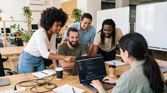 Collaborative Code: A team of diverse developers collaborates around a laptop, focused on writing code. They exemplify teamwork, innovation, and technological synergy.