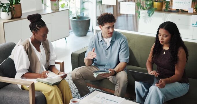 Laptop, tablet and business people in discussion at office with statistics for creative project. Digital technology, computer and magazine editors with documents for publishing data at startup.