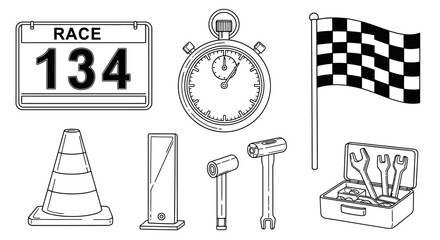 Fototapeta premium Black and white line drawings of race gear and workshop tools collection.