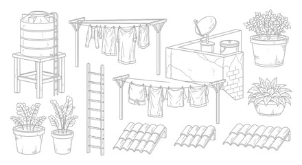 Obraz premium Collection of garden tools, pots, and equipment arranged around a backyard scene.