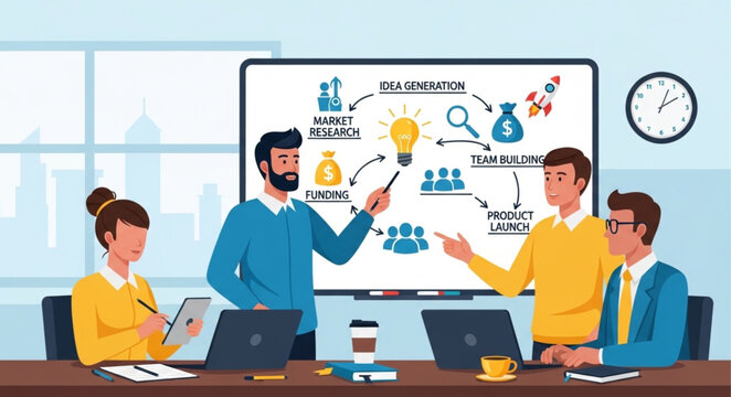 Business Team Brainstorming Ideas in a Meeting Room with Presentation.