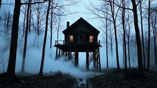 Spooky cabin on stilts in foggy forest at dusk, eerie atmosphere, low angle view.