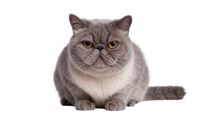 Adorable grey and white Exotic Shorthair cat, a fluffy feline with golden eyes, sitting calmly, isolated PNG on transparent background © Giulia