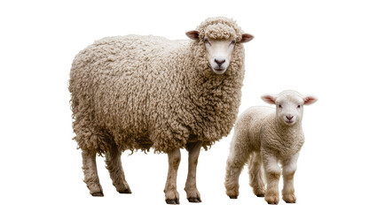 Fluffy adult sheep and adorable baby lamb standing side by side, isolated farm animals with thick wool on transparent background, livestock PNG © Giulia