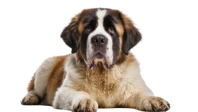 Majestic Saint Bernard dog lying down, drooling with clear saliva, full body studio shot, isolated on transparent background, large breed canine pet PNG