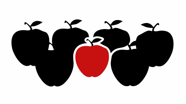 One red apple standing out among many black apples in a row on white background