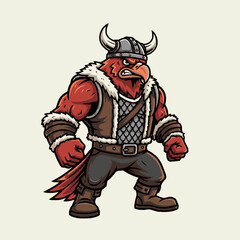 Naklejka premium Strong red bird Viking warrior mascot character with horned helmet and fur vest. Angry cartoon avian barbarian illustration.