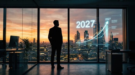Fototapeta premium Executive silhouette in office with 2027 market expansion and revenue forecast chart. Business concept.