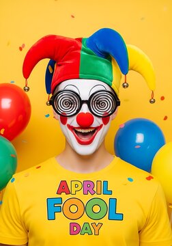 Person wearing colorful clown makeup and jester hat on april fools day