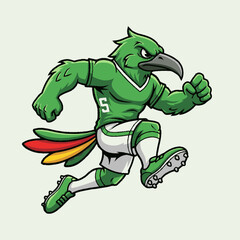 Obraz premium Dynamic green bird mascot in a running pose, wearing a sports uniform and cleats, athletic cartoon illustration