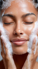 Naklejka premium Delightful cleansing routine enhancing natural beauty in serene indoor setting during soft morning light
