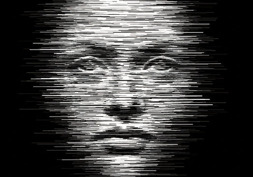 人物の顔、抽象的な白黒の線で表現
