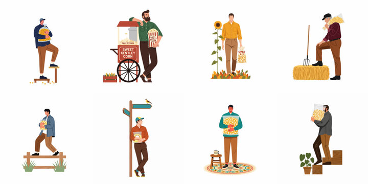 Set of flat vector illustrations depicting men in various autumn and farm-related scenarios, featuring popcorn, harvest elements, and rustic outdoor settings.