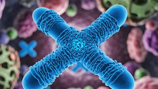 A microscopic view of cellular structures with a focus on a central blue X shaped molecule among variously colored cells and organelles biology