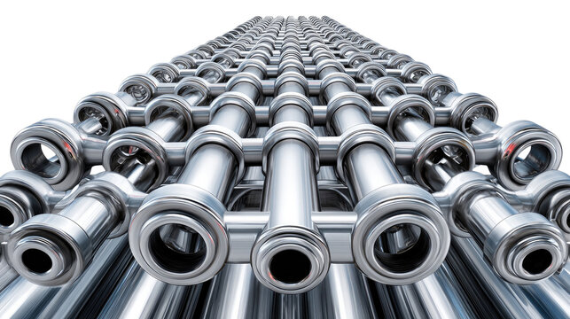 Industrial Pipe Network: An intricate network of gleaming metal pipes, meticulously arranged, exemplifies modern industrial design and engineering. 