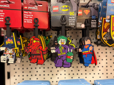 Lego super hero and ninjago bag tags on display