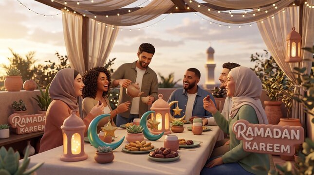 Diverse group of friends sharing an iftar meal during Ramadan on a rooftop terrace