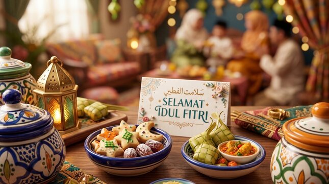 Eid al-Fitr celebratory meal with traditional cookies and ketupat