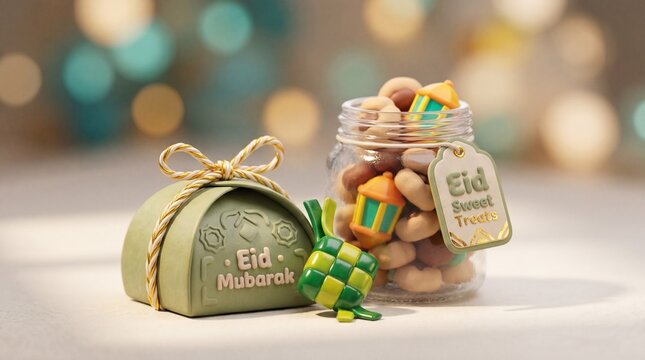 Eid Mubarak gift box and jar of sweets with festive decorations