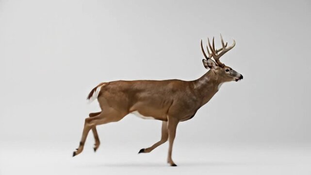 A deer with large antlers is running to the right on a plain background with motion blur on its legs and tail buck