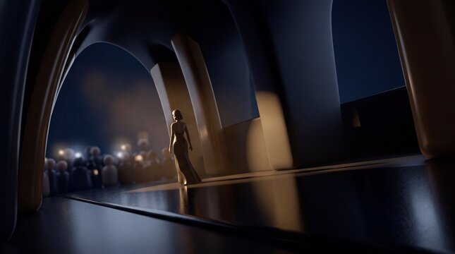 Elegant woman walking on a fashion runway under spotlights