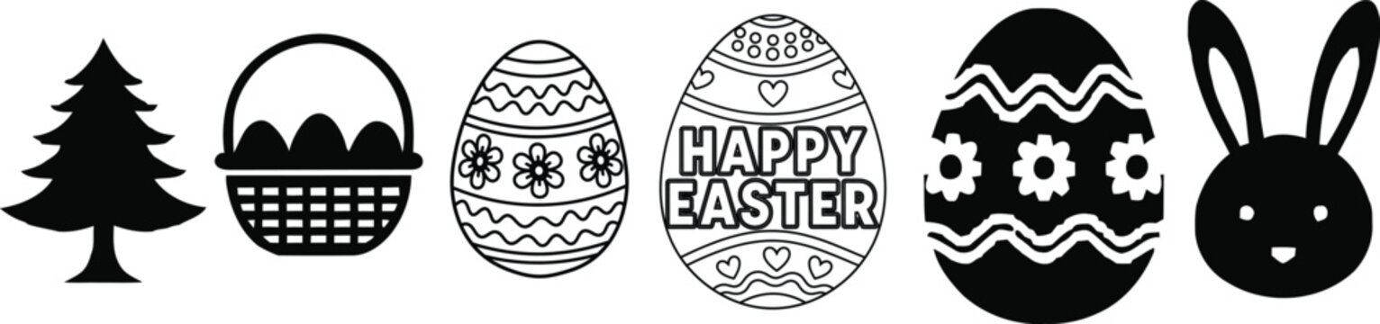 Happy easter sunday clip art with easter eggs bunny basket and tree