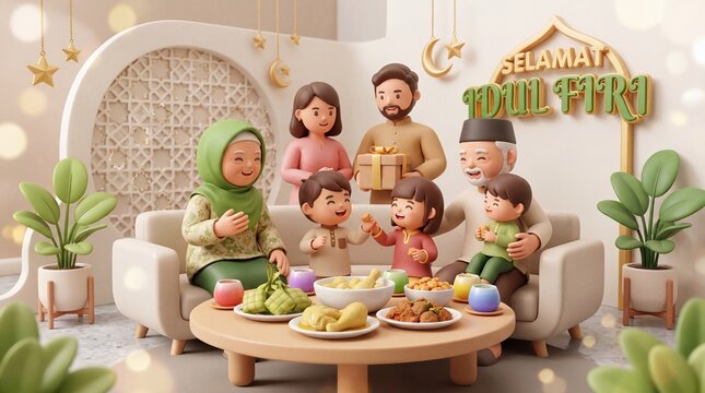 Happy Muslim Family Celebrating Eid al-Fitr Feast with Traditional Food