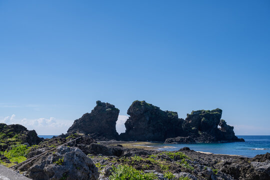 Lanyu, Taiwan: Twin Lions Rock, an andesite and basalt volcanic formation by the Pacific coast.