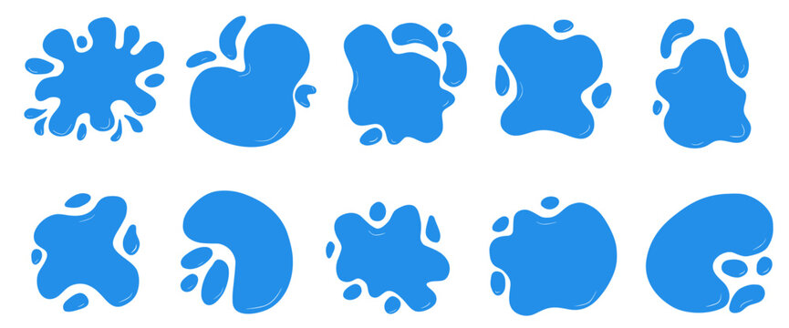 Naive water splash frames. Simple puddle with paint stain and blot shape. Blue figure or blotch frames. Fluid abstract blob and drip for text on a white background. Vector illustration set isolated.