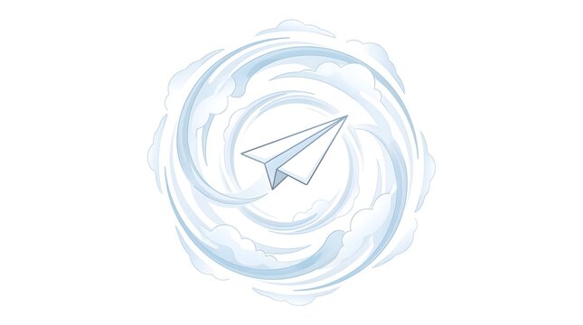 A simple paper airplane flying through the center of a stylized swirling circular wind vortex