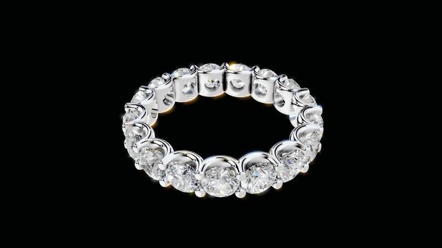 Rotating White Gold Diamond Eternity Ring on Black Background Seamless Loop
