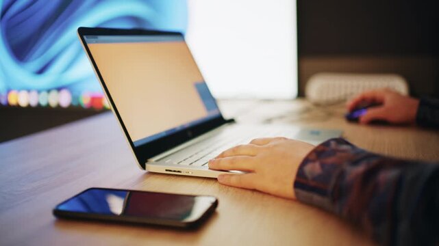 Person working on laptop at desk with smartphone and modern lighting setup in background